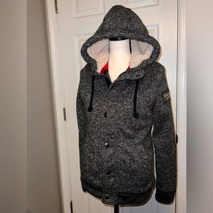 Abercrombie & Fitch faux fur Sherpa Hood w/ Red flannel interior Gray Jacket